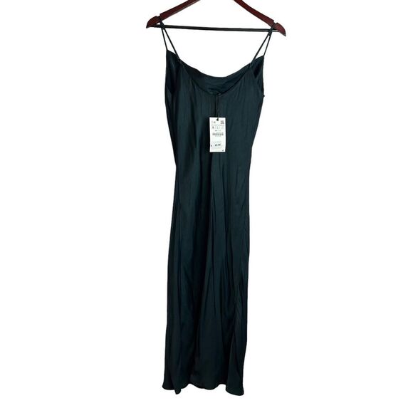 Zara Emerald Green Silky Satin Cowl Neck Midi Slip Camisole Dress Size Small NEW - Picture 4 of 8